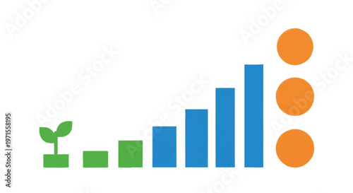 A concept of business growth and investment progress. Flat design infographic showing stages from a plant to a bar chart. Vector illustration for success and development