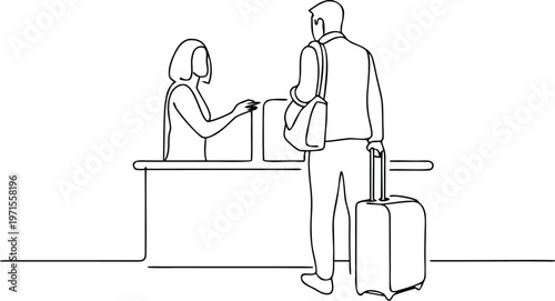 Hotel Reception Check In Service Guest Luggage Travel Concept Linear Drawing