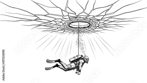 Black and white illustration of a scuba diver descending through a shattered glass ceiling with radial cracks and lines on a plain white background.