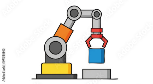 Industrial robotic arm lifting blue block in simplified design  