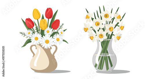 Two beautiful floral arrangements featuring colorful tulips and daisies in a ceramic vase and elegant white daffodils in a glass vase.