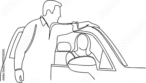 Father Helping Daughter With Seatbelt Safety In Car, One Line Drawing