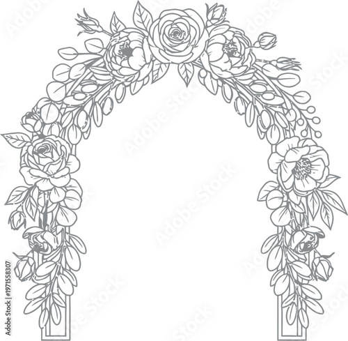 Elegant hand drawn black outline floral arch with various blooming roses, peonies, and decorative leaves, perfect for weddings, invitations, or event decorations on a clean white background.