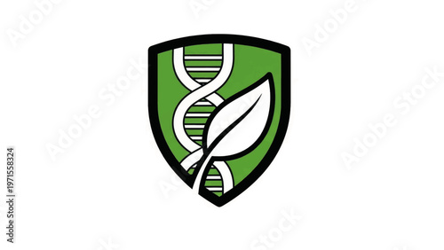 Biotechnology shield emblem with a DNA helix and leaf. Bioengineering and agricultural science logo concept. Stylized vector icon illustration