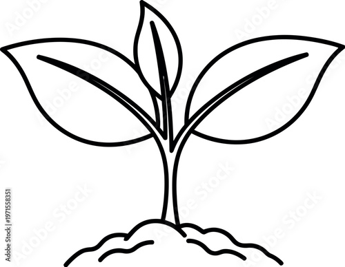Simple black outline illustration of a young plant with three leaves growing from a small mound of earth, symbolizing nature, growth, and environmental care.