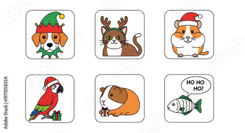 Christmas pet costumes icon set. Cartoon vector illustrations of a dog, cat, hamster, parrot, and fish. Funny holiday animal characters for festive design