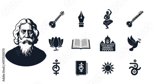 Illustration of a wise elder with symbols of creativity spirituality and knowledge in a minimalist style