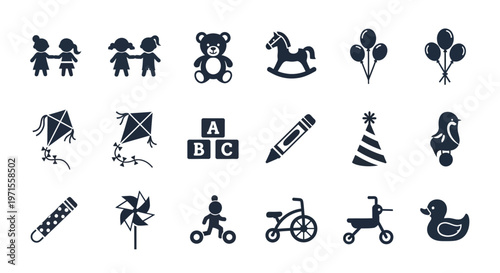 Black and white icons of children playing balloons teddy bear kites alphabet blocks pencil scissors pinwheel bicycles tricycle and rubber duck