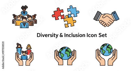 Diversity and inclusion vector icon set. Flat line symbols representing teamwork, equality, and global unity. Isolated on white background