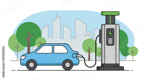 Electric car charging station concept. EV vehicle plugged in with city skyline background. Flat design vector illustration