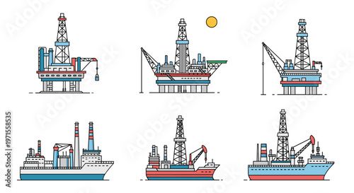 Collection of various offshore oil drilling platforms and industrial tanker ships used for extracting and transporting fuel at sea.