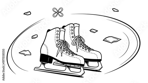 A pair of ice skates with laces and blades surrounded by motion lines and ice chips on a white background in a dynamic illustration.