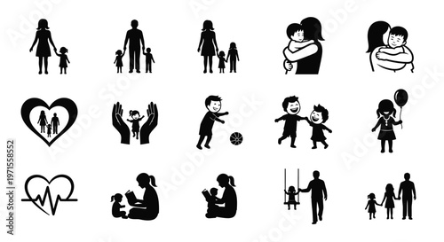 Family themed vector icons with heart love and unity symbols silhouettes of parents children and couples embracing black and white minimalist design style