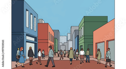 Urban street scene with people walking. Cityscape with colorful buildings and pedestrians. Flat design vector illustration