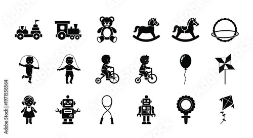 Collection of black and white toy icons featuring cars teddy bears rocking horses bicycles balloons kites robots and more