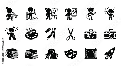 Silhouette icons of children engaging in creative activities with art supplies music and playful hobbies in a minimalist black and white design