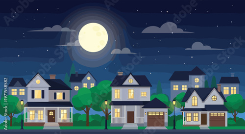 Peaceful suburban neighborhood street at night showing several houses with glowing windows under a large bright full moon and starry sky.
