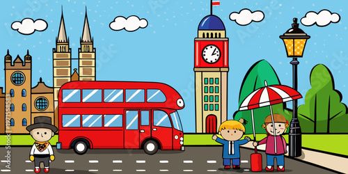 oil painting on canvas, street view of london. Artwork. Big ben. couple and red umbrella, bus and road, telephone. Black car - taxi. England
