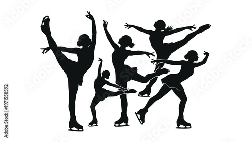 Silhouette illustration of five ice skaters performing various poses in black against a white background.