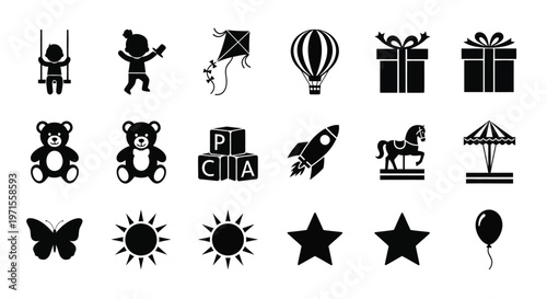 Playful black silhouette icons featuring toys gifts and nature elements for children's activities and celebrations