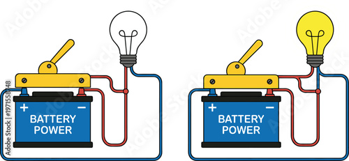 Battery power circuit diagram with switch wiring and light bulb on off concept simple electrical vector illustration