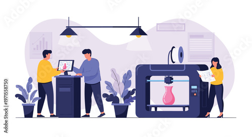 Team of engineers and designers working in a modern laboratory equipped with large scale professional three dimensional printing technology.