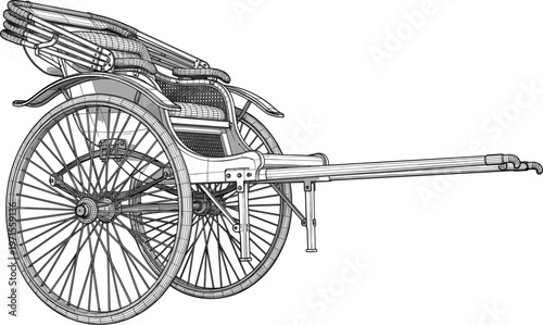 Antique hand pulled rickshaw detailed mechanical illustration traditional transport carriage vintage design isolated technical drawing style.eps