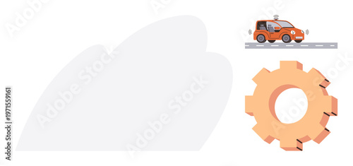 Technology, innovation, transportation, connectivity, urban mobility, automation. Self-driving car traveling on a road with a large gear beside it. Technology and automation concepts