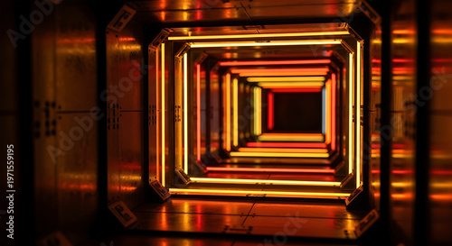 Futuristic tunnel with glowing orange and red neon lights