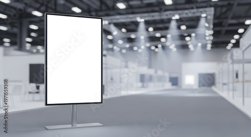 Blank white vertical digital display screen in a modern, vast exhibition hall, offering prime customizable space for advertising, brand promotion, or event content