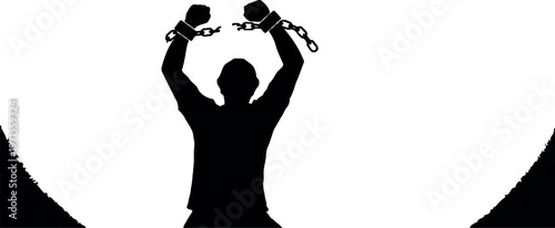 Silhouette of a person triumphantly breaking free from oppressive chains, symbolizing liberation, overcoming obstacles, and achieving personal independence against a dramatic background gradient.