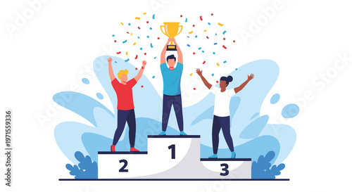 Group of people celebrating victory on a competition podium with a golden trophy and colorful falling confetti.