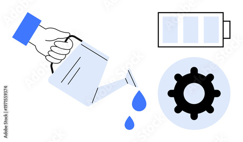 Energy concept. A hand pouring water from a watering can, a gear icon, and a battery symbol energy, growth, and sustainability. Useful for renewable energy, efficiency, business concepts technology