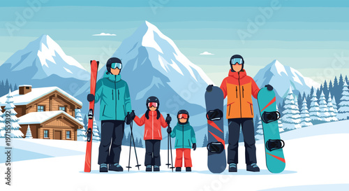 Family of four in winter sports gear standing together in a snowy mountain landscape with a wooden cabin background.