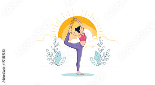 Woman practicing yoga in a balancing pose against a stylized sunset background with clouds and leaf branches.