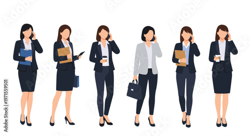 Collection of businesswomen in professional suits using mobile phones and carrying briefcases or coffee in different poses.