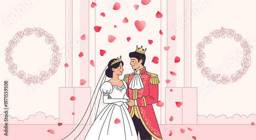 Royal Couple Wedding Ceremony: Bride and Groom with Falling Rose Petals