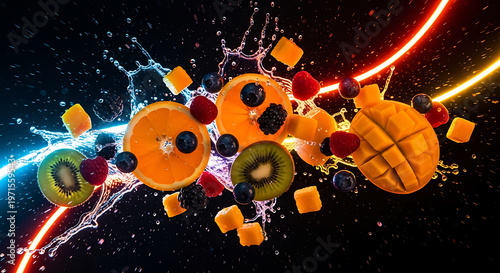 Fresh tropical fruit splash with mango orange and berries