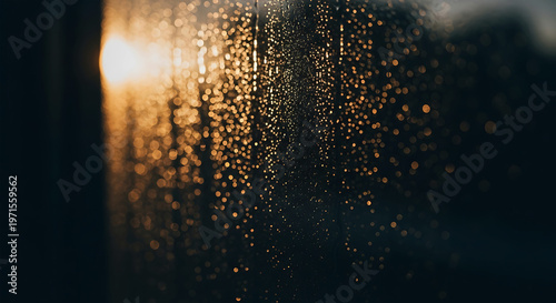 Golden sunset light reflecting through raindrops on a window pane