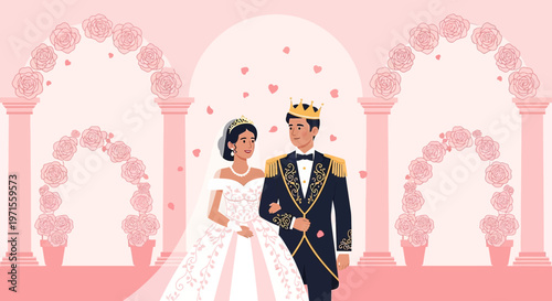 Royal Wedding Couple Illustration - Bride and Groom in Elegant Attire