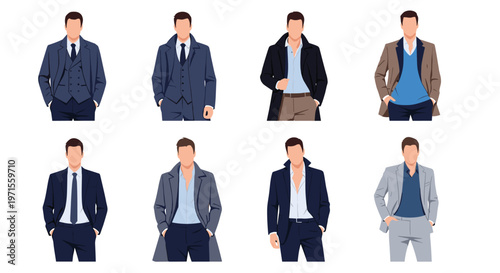 Assorted collection of faceless male characters dressed in various professional business suits, coats, and smart casual attire for office wear.