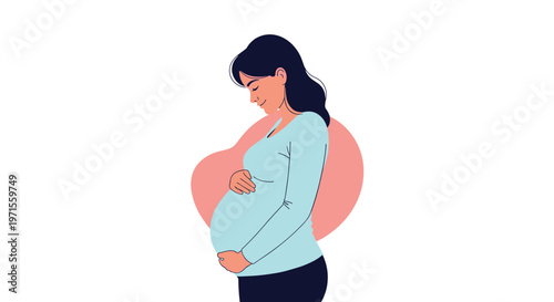 Gentle profile silhouette of a pregnant woman wearing a light blue shirt tenderly holding her baby bump against a soft pink background.