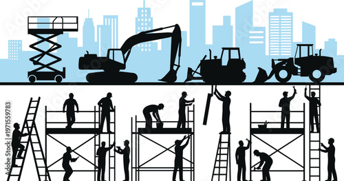Construction site silhouettes with workers scaffolding heavy machinery and city skyline industrial activity vector illustration set