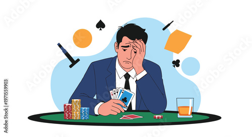 Stressed and defeated man in a business suit sitting at a green poker table with gambling chips and a drink after losing a card game.