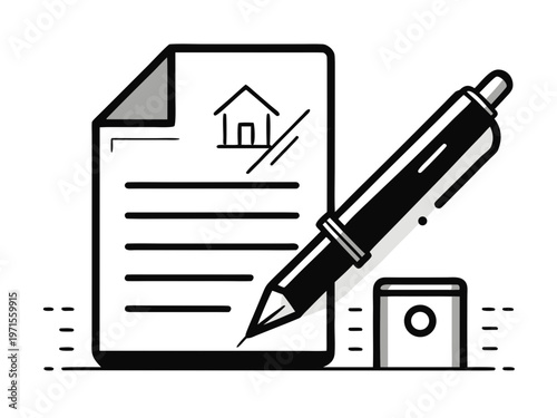 Pen signing a document with a house icon on it