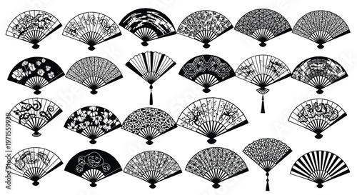 Collection of ornate hand fans in various shapes and artistic patterns featuring traditional floral, animal, and geometric black and white designs.