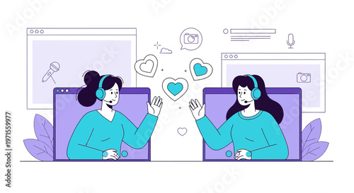Virtual Connection: Couple on Video Call with Hearts, Long Distance Relationship
