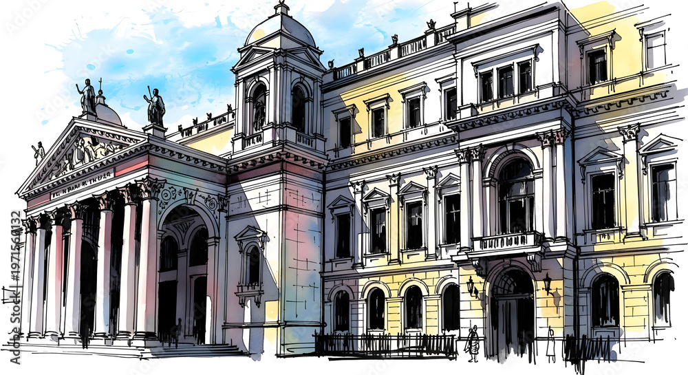 Fototapeta premium Watercolor style illustration of a grand european palace with detailed architecture