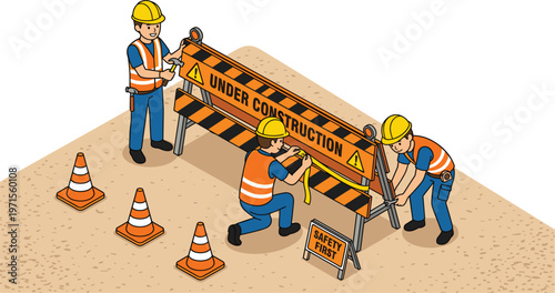 Construction workers installing road barrier with safety cones under construction sign teamwork industrial worksite vector illustration