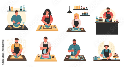 Various male and female pastry chefs and bakers working at tables to prepare dough and decorate cakes and cupcakes in a professional kitchen.